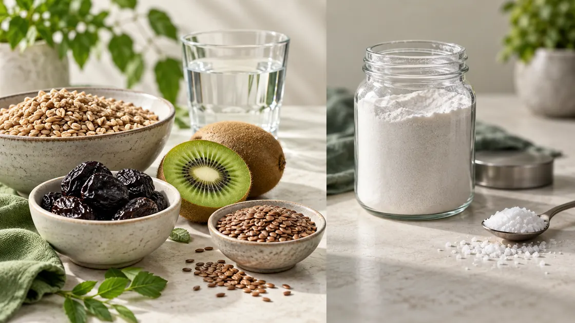 Darm reinigen Hausmittel – Lebensmittel und Wasser im Vergleich zu einem unbeschrifteten Reinigungspulver und Salz.