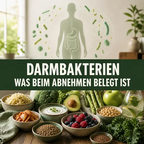 Darmbakterien abnehmen – Mikrobiomdarstellung und ballaststoffreiche Lebensmittel mit dem Hinweis, was beim Abnehmen belegt ist.