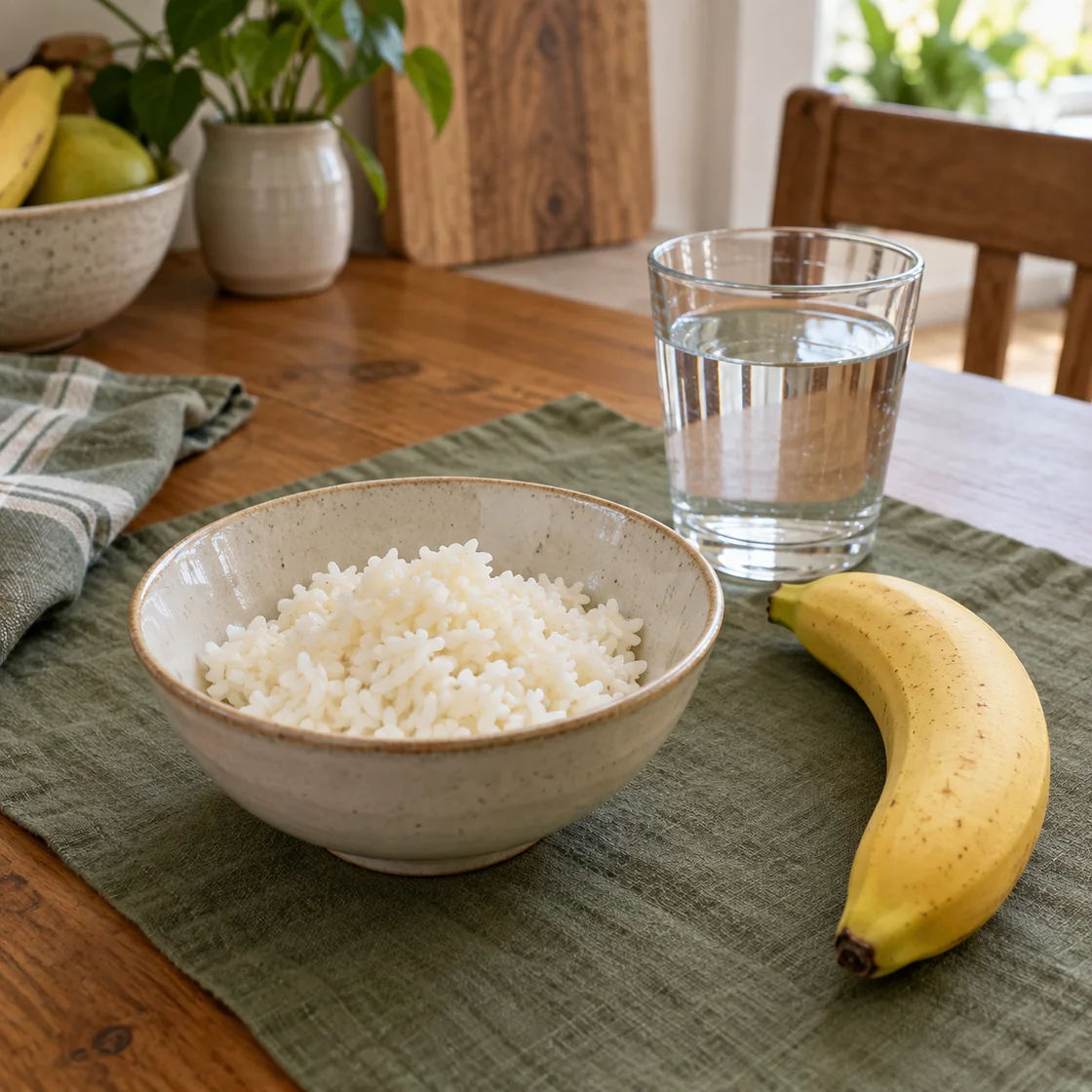 darmentzündung hausmittel – kleine Portion Reis, Banane und Wasser auf einem Tisch