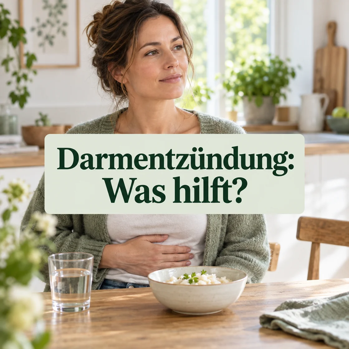 darmentzündung hausmittel – Frau sitzt mit einem Glas Wasser und einer kleinen Mahlzeit am Tisch