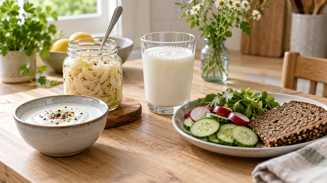 Darmbakterien aufbauen – Naturjoghurt, Kefir, Sauerkraut und Kimchi in üblichen Portionen.