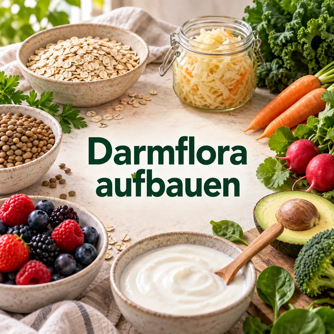 Darmbakterien aufbauen – pflanzliche Lebensmittel und Darmmodell als übersichtliches Titelmotiv.