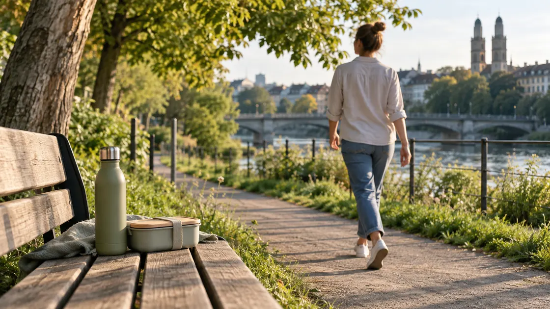Darmgesundheit – ruhiger Spaziergang nach dem Essen mit Wasser und vorbereiteter Mahlzeit.