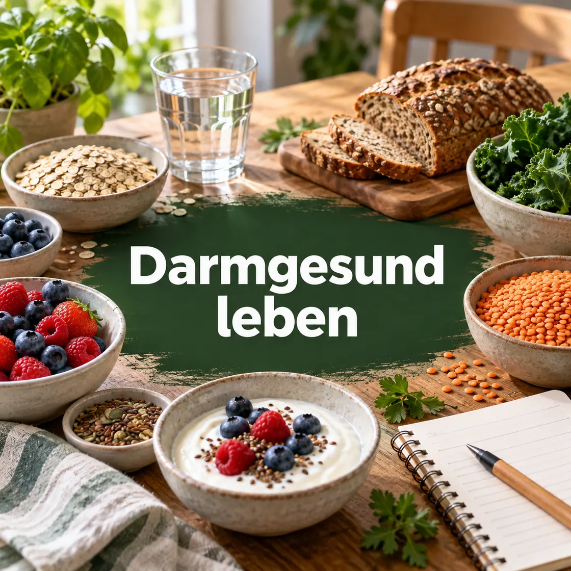Darmgesundheit – abwechslungsreiche pflanzliche Lebensmittel, Wasser und Planungsheft auf einem Küchentisch.