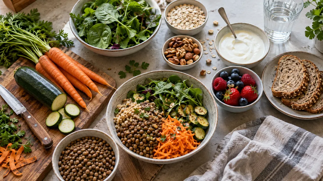 Darmgesundheit – Vollkorn, Hülsenfrüchte, Gemüse, Beeren, Nüsse und Joghurt in alltagstauglichen Portionen.