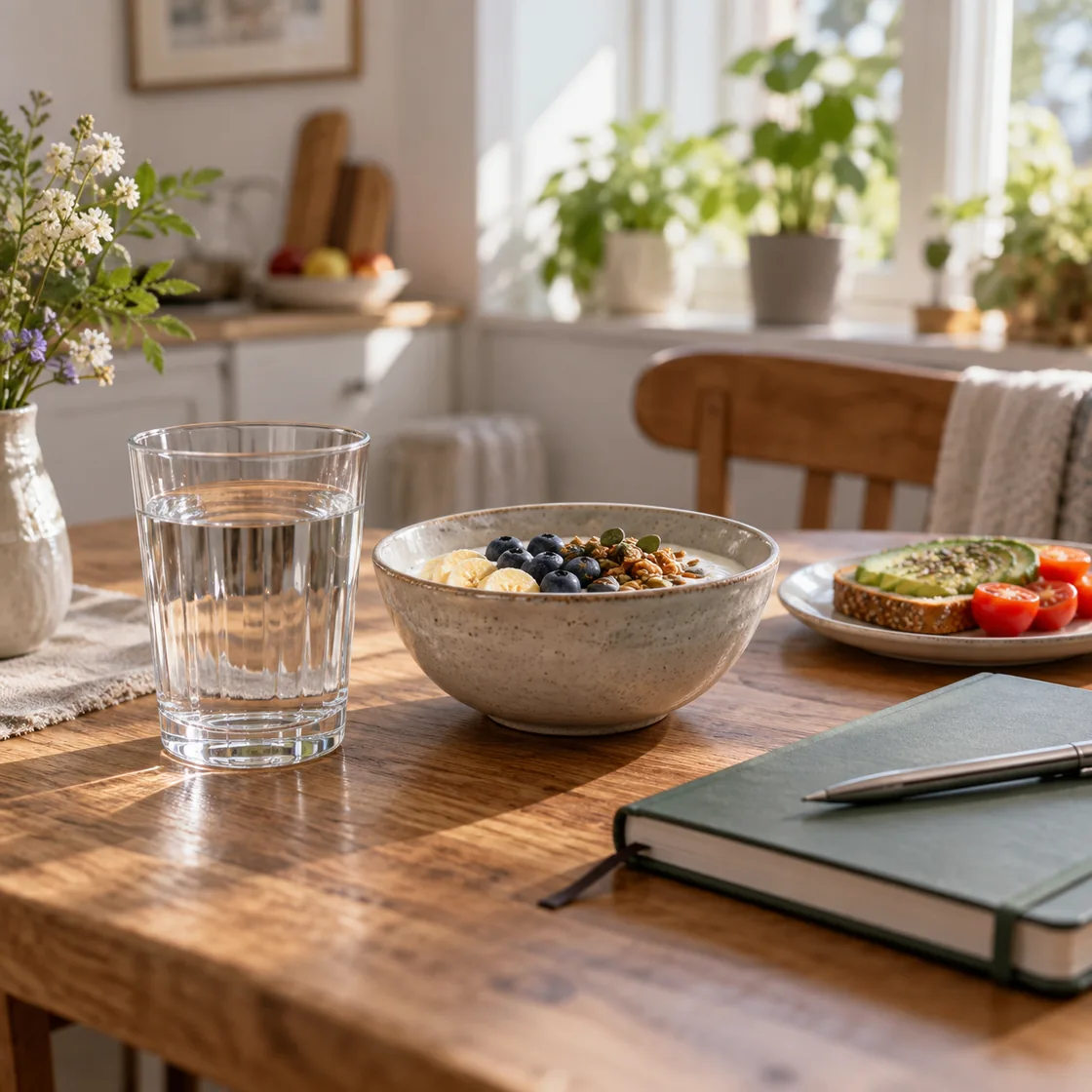 darmkrämpfe vor stuhlgang – Frühstück, Wasser und Notizbuch am Morgen