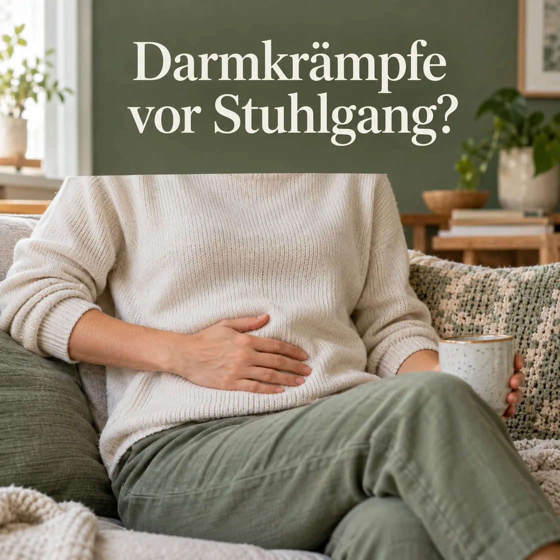 darmkrämpfe vor stuhlgang – Person mit Hand am Unterbauch im Wohnzimmer