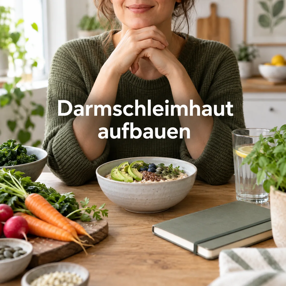 darmschleimhaut aufbauen – Frau am Tisch mit ausgewogener Mahlzeit und Wasser
