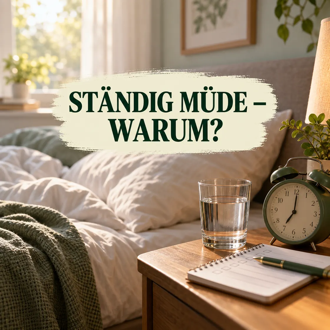 Dauerhafte Müdigkeit – Bett, Wecker und Protokoll am Morgen.