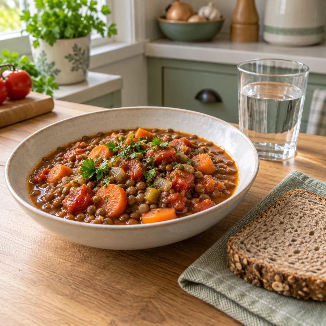 dge ernährungskreis: Linseneintopf mit Gemüse, Vollkornbrot und Wasser als Mischgericht