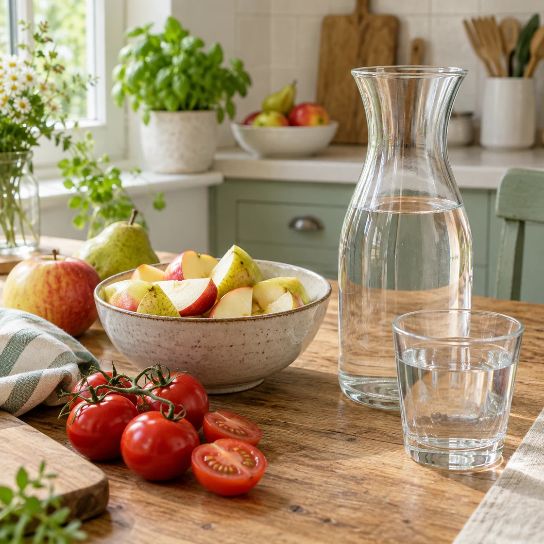 dge ernährungskreis: Wasser neben Obst und Gemüse als illustrative Lebensmittelauswahl