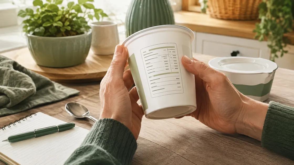 Diät ohne Kohlenhydrate – Hände vergleichen eine Nährwerttabelle mit der vorgesehenen Lebensmittelportion.
