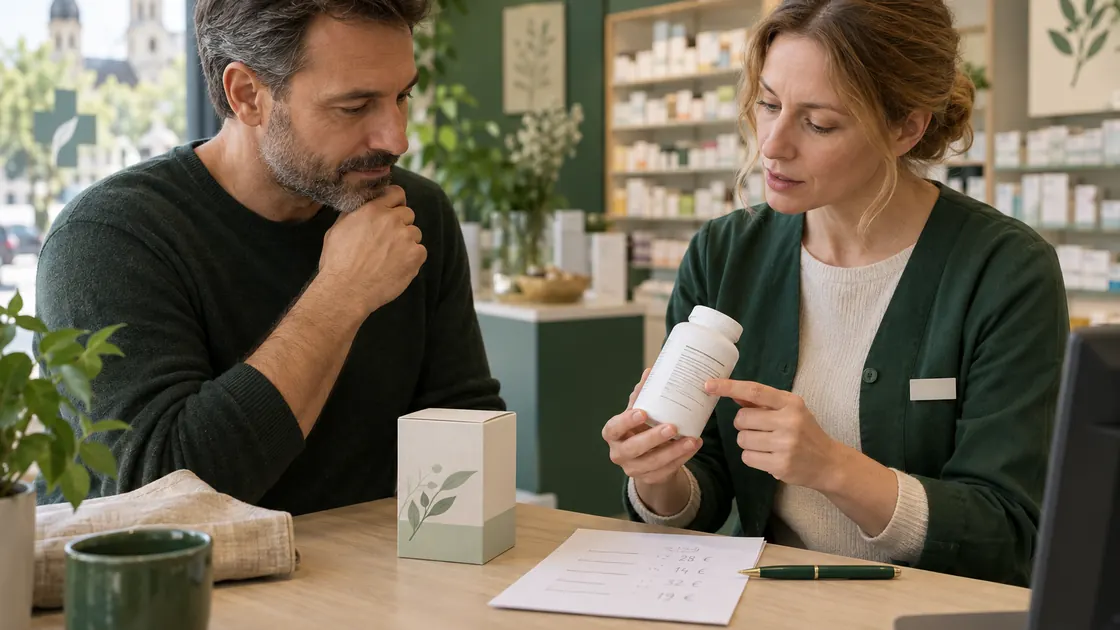 Diäthelfer – Packung, Inhaltsstoffe und Tageskosten werden in einer Apotheke besprochen.