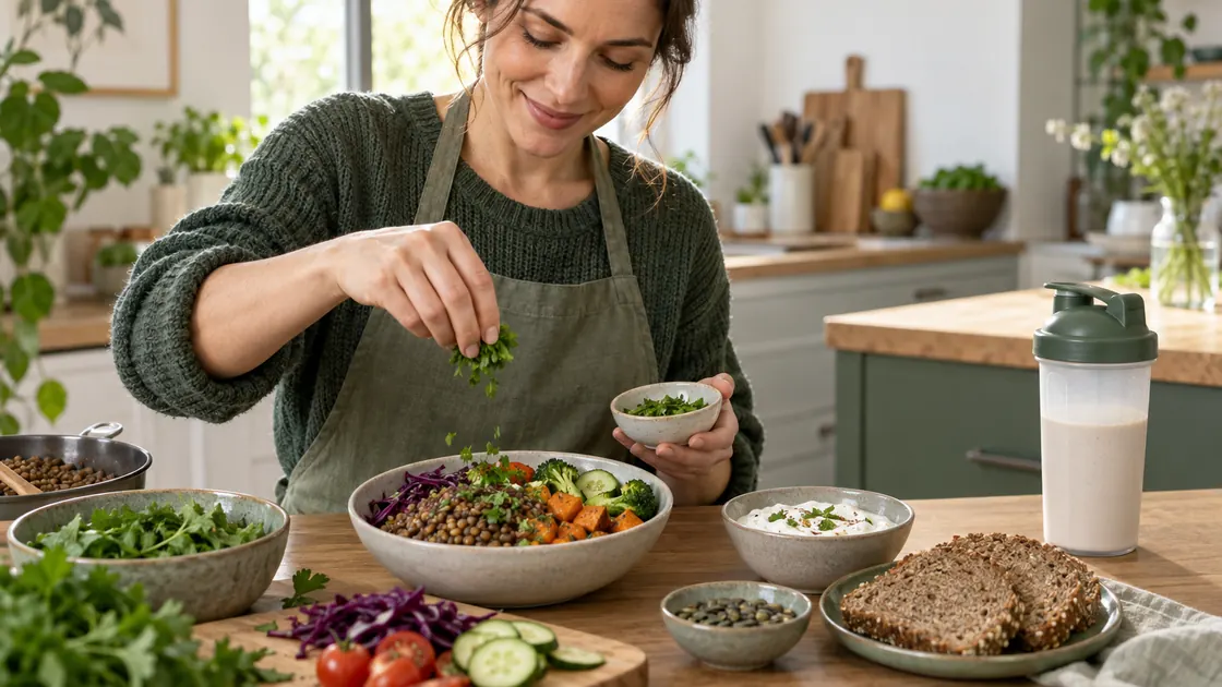 Diäthelfer – sättigende Mahlzeit aus Linsen, Gemüse, Joghurt und Vollkornbrot wird vorbereitet.