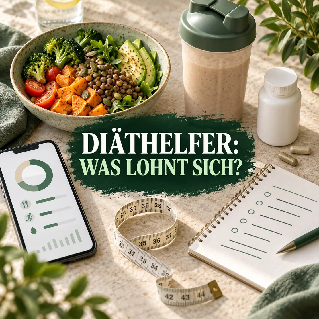 Diäthelfer – Vergleich von App, Lebensmitteln, Shake und Kapseln mit zentraler Überschrift.