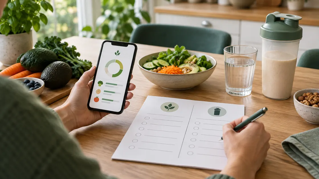 Diäthelfer – erwachsene Person vergleicht App, Mahlzeit und Shake an einem Küchentisch.