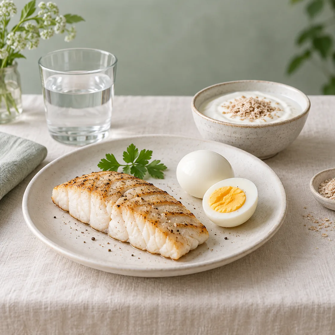 dukan diät – kleine Auswahl mit Fisch, Ei, Joghurt und Haferkleie