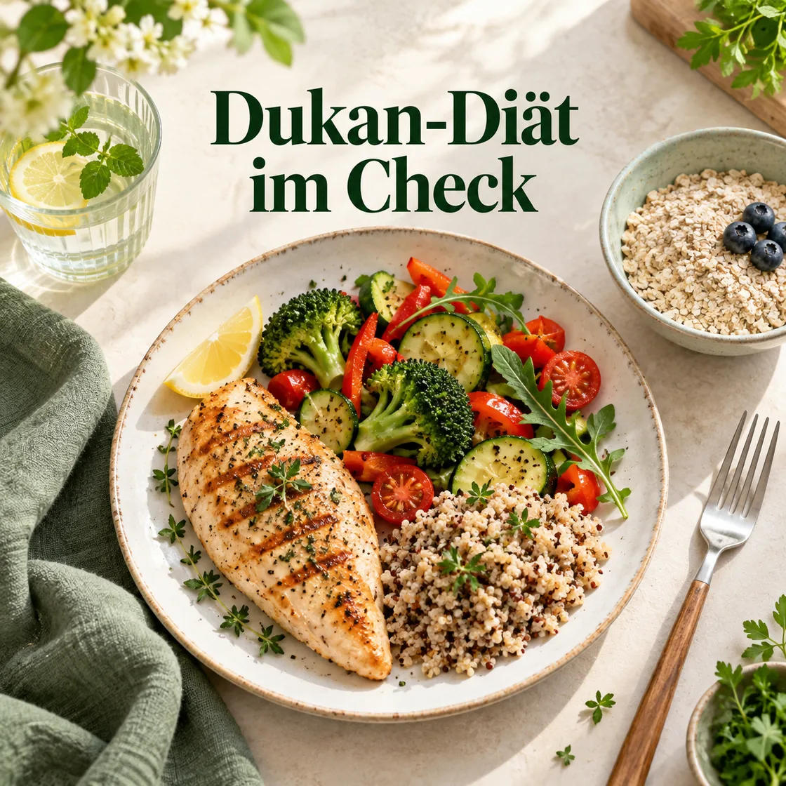 dukan diät – ausgewogene Mahlzeit mit Gemüse, Protein und Text Dukan-Diät im Check