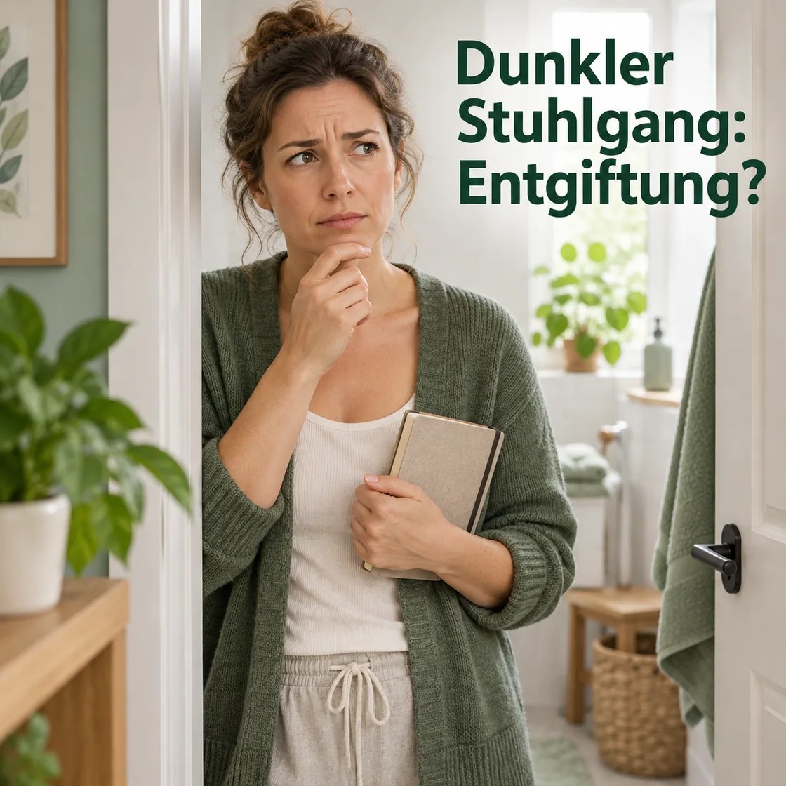 dunkler stuhlgang entgiftung – Frau mit Notizbuch in neutraler Badezimmerumgebung
