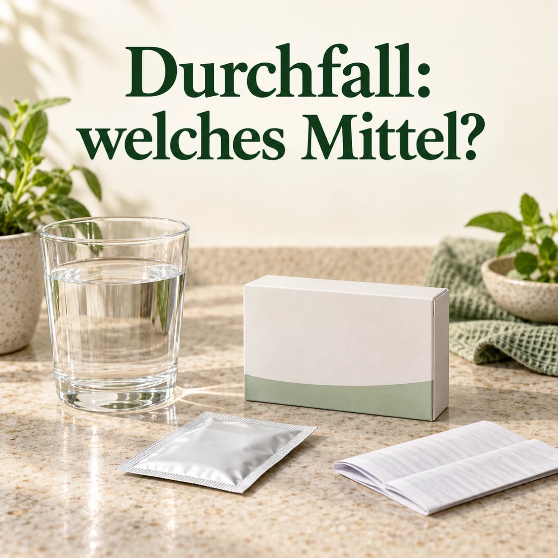 durchfall medikament – Wasser und neutrale Packung mit der Frage welches Mittel?