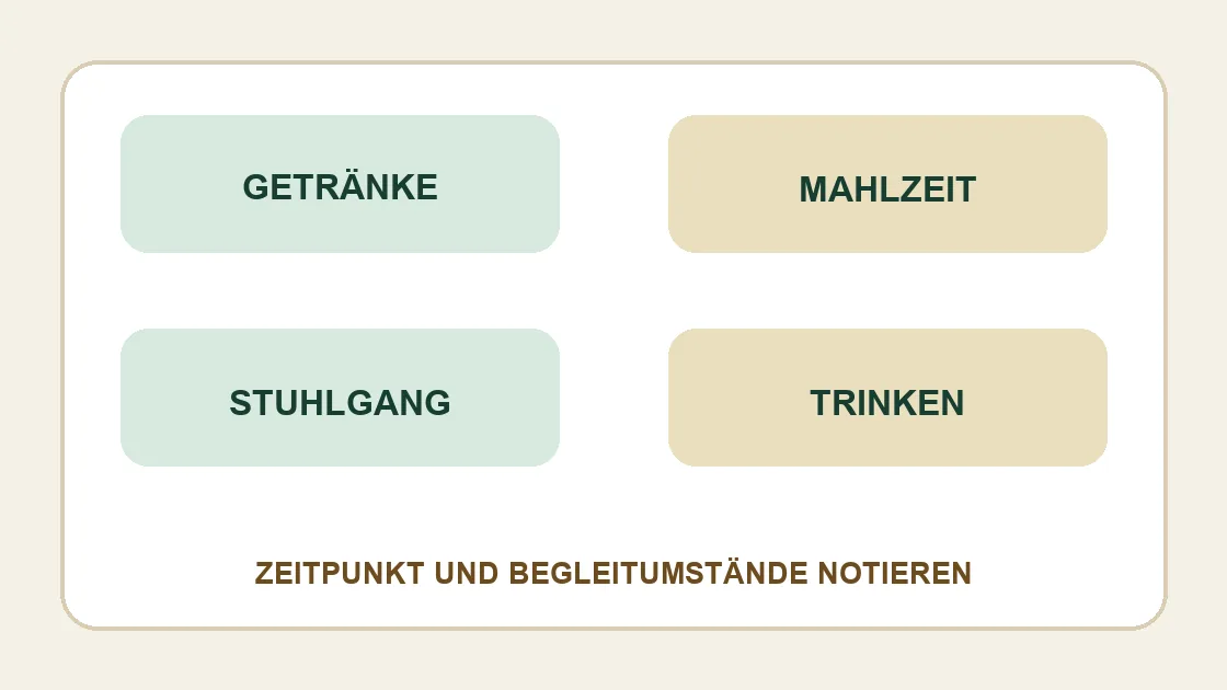 Durchfall nach Alkohol gutefrage – Getränke, Mahlzeit, Stuhlgang und Trinken notieren.
