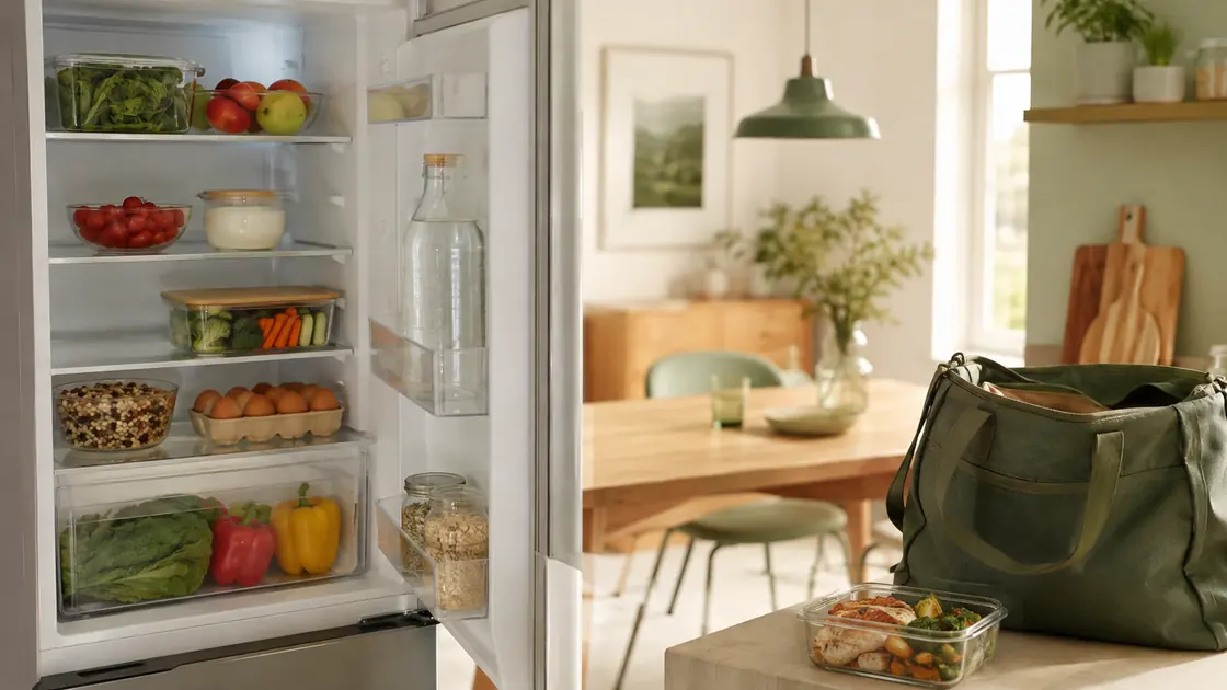 Einfach abnehmen – vorbereitete Lebensmittel, Wasser und eine Mahlzeit stehen im Kühlschrank und für unterwegs bereit.