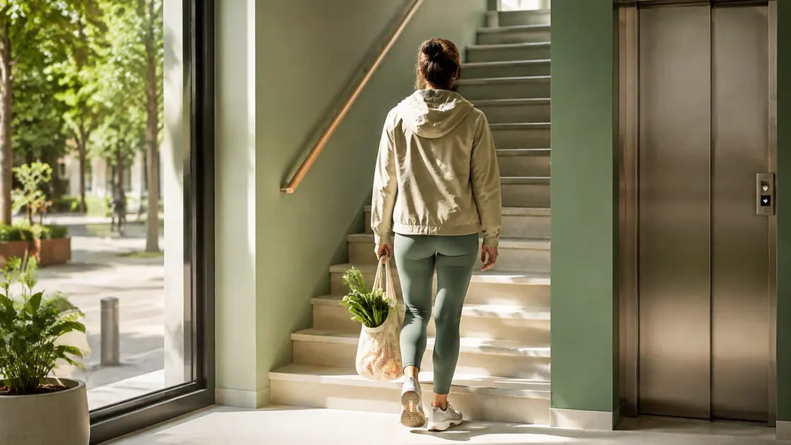 Einfach abnehmen – eine Erwachsene nimmt mit Einkaufstasche die Treppe neben dem Aufzug.
