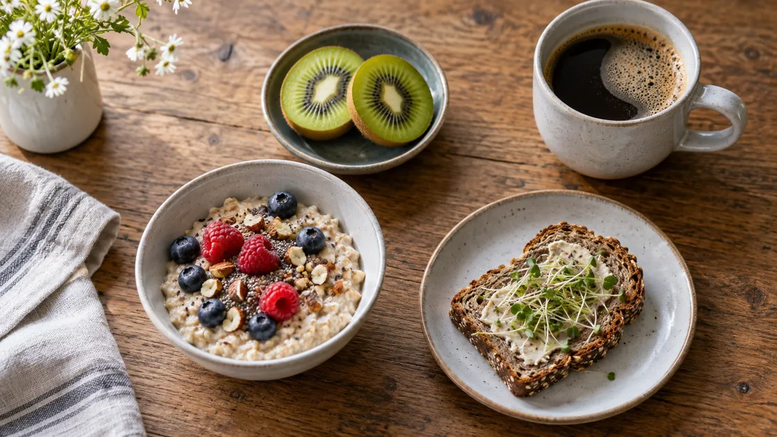 Eisen Tagesbedarf: Haferfrühstück mit Kiwi und getrenntem Kaffee