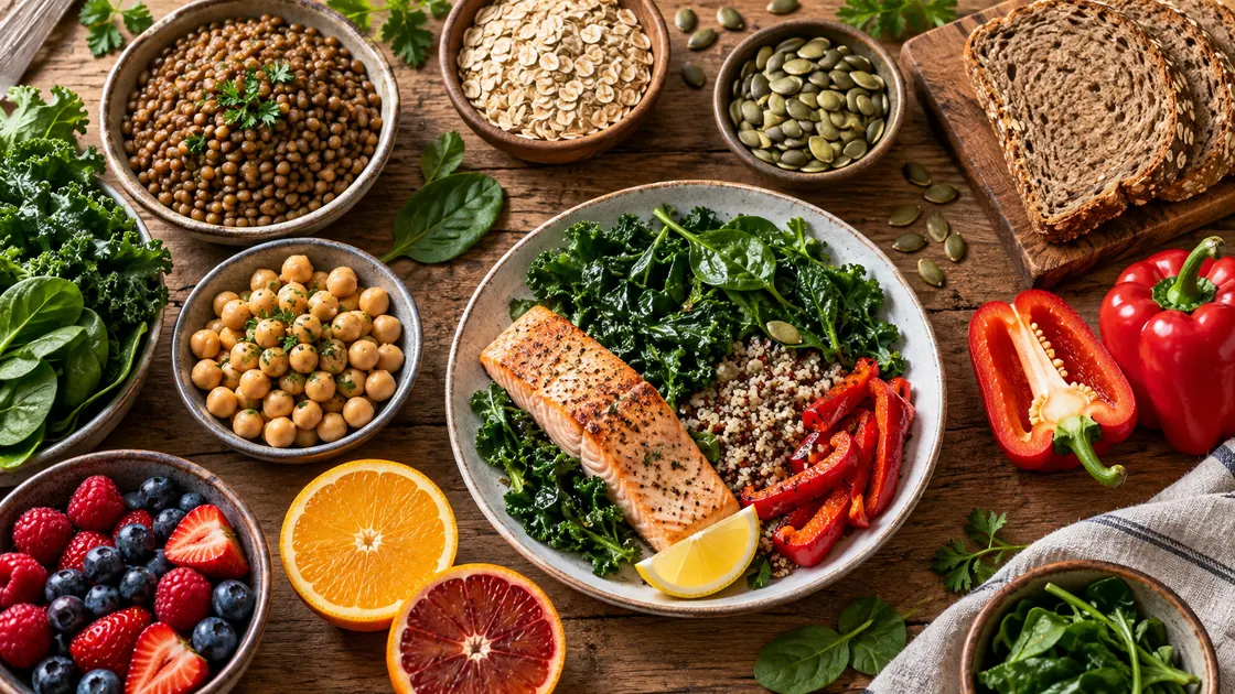 Eisenmangel beheben – Linsen, Hafer, Samen, Blattgemüse, Fisch und Vitamin-C-reiche Lebensmittel.