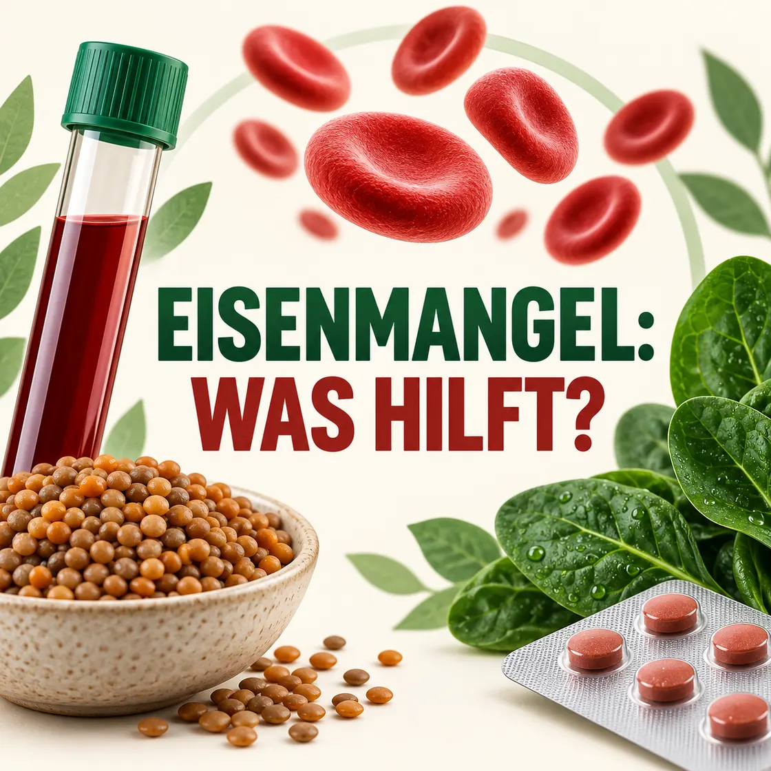 Eisenmangel beheben – Blutprobe, rote Blutkörperchen, Linsen, Blattgemüse und Eisentabletten.