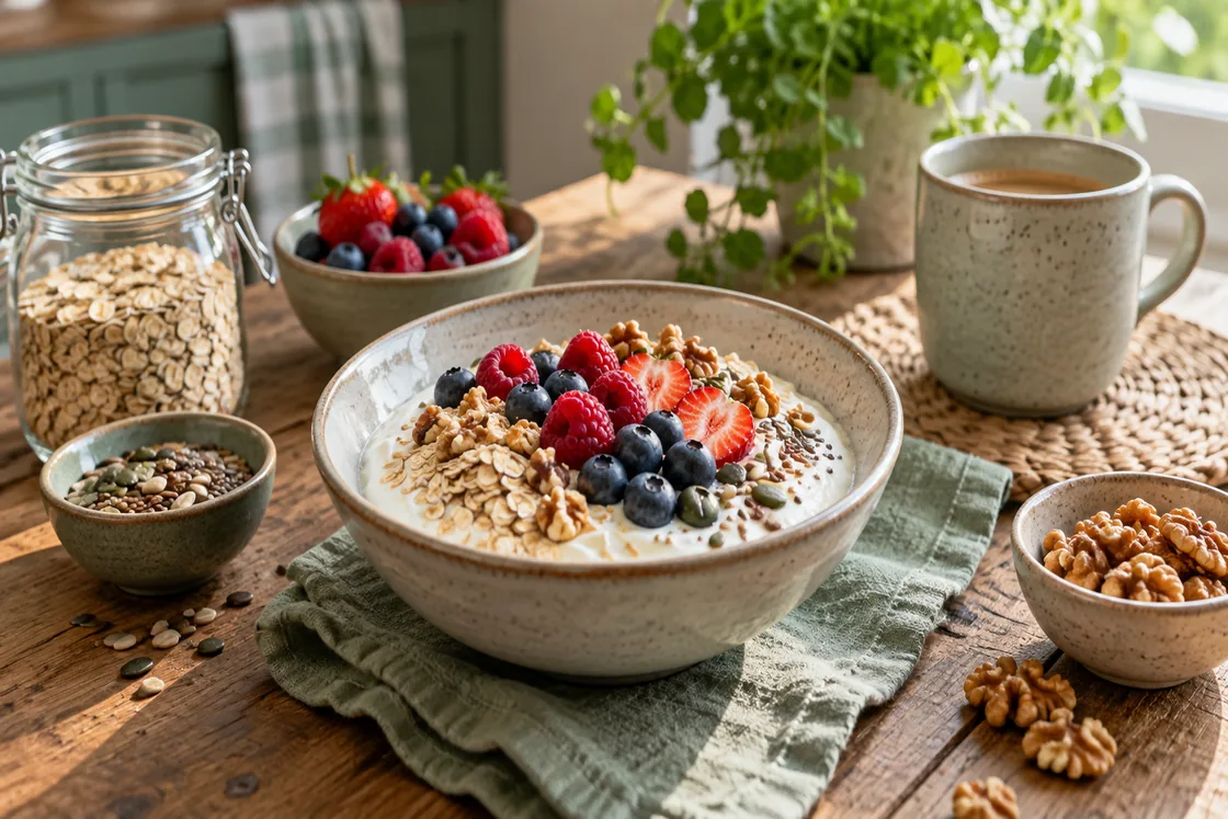 Eiweiß Diät – Frühstück mit Joghurt, Hafer, Beeren, Nüssen und Samen