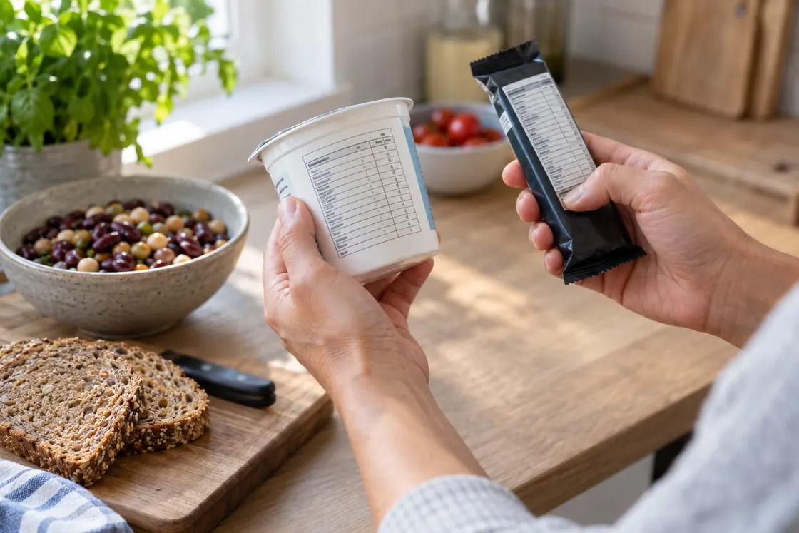 Eiweißhaltiges Essen – Nährwertangaben von Naturjoghurt und Protein-Snack werden verglichen.