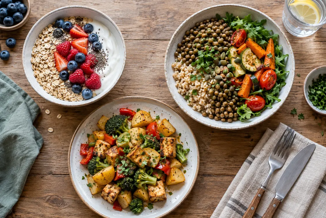 Eiweißhaltiges Essen – Frühstück, Linsen-Getreide-Schale und warme Tofu-Kartoffel-Pfanne.