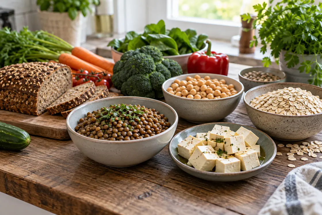 Eiweißhaltiges Essen – Linsen, Kichererbsen, Tofu, Hafer und Vollkornbrot als pflanzliche Quellen.