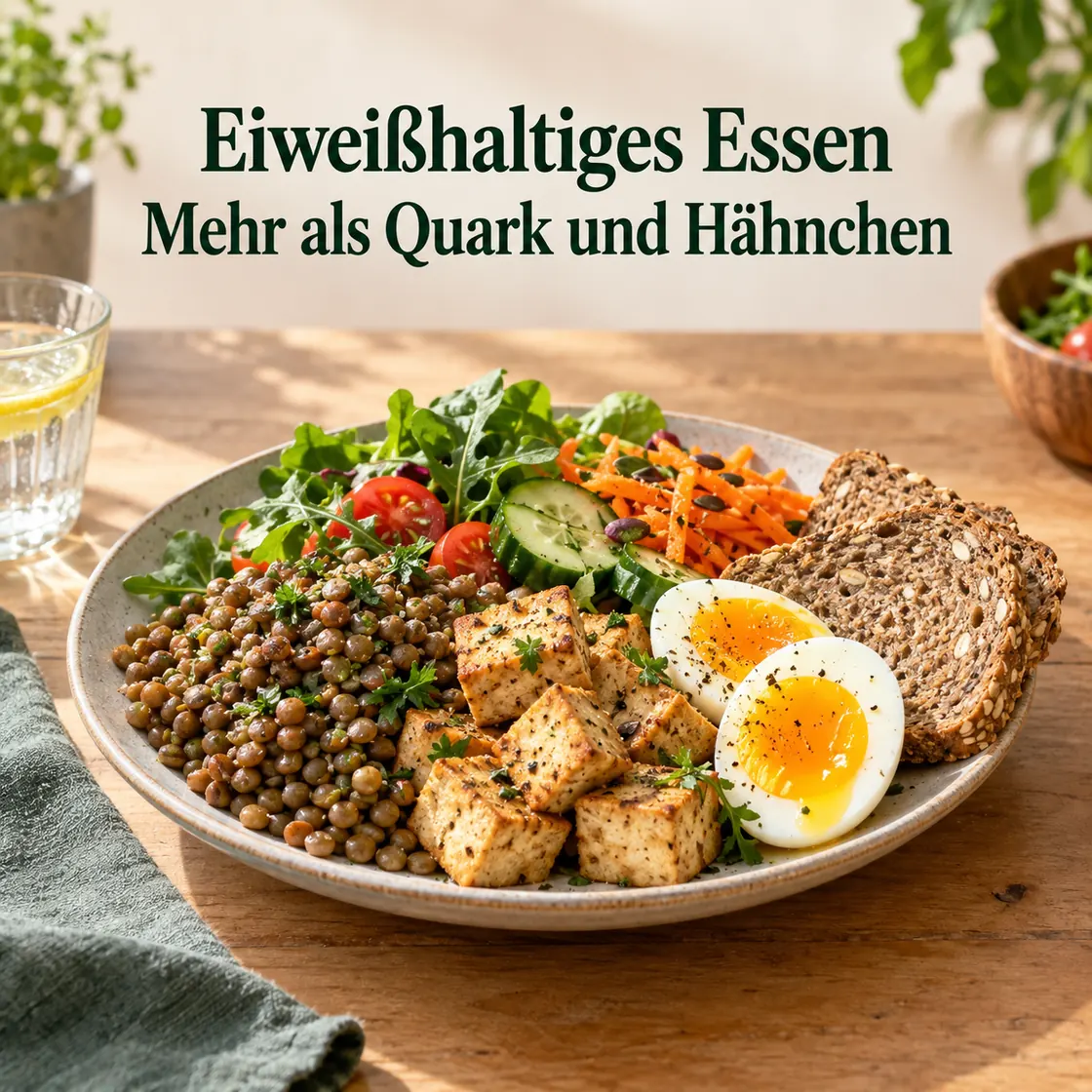 Eiweißhaltiges Essen – abwechslungsreicher Teller mit Linsen, Tofu, Ei, Vollkornbrot und Gemüse.