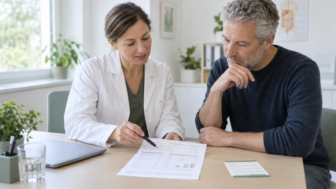 Erhöhte Leberwerte Muskelschmerzen – Arzt und Patient besprechen Laborwerte und Medikamente.