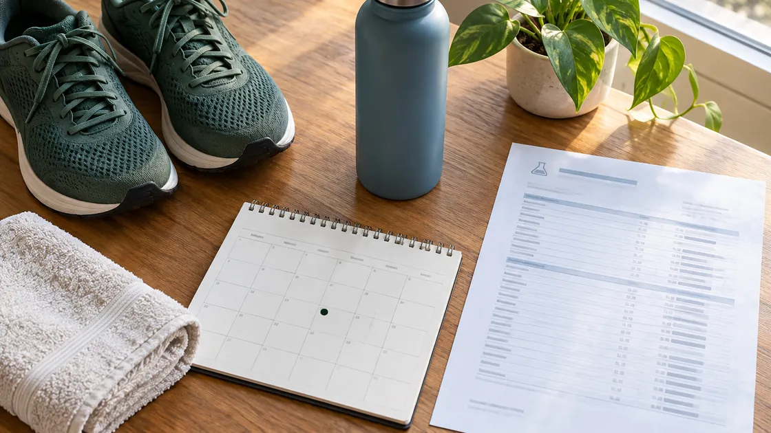 Erhöhte Leberwerte Muskelschmerzen – Sportschuhe, Kalender und Laborbericht vor einer Kontrollmessung.