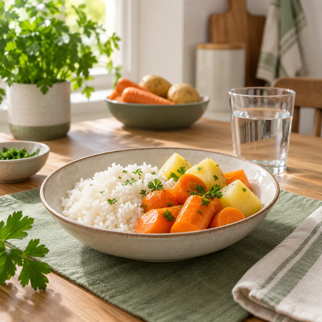 ernährung bei darmentzündung – kleine bekömmliche Mahlzeit und Glas Wasser bei akutem Durchfall