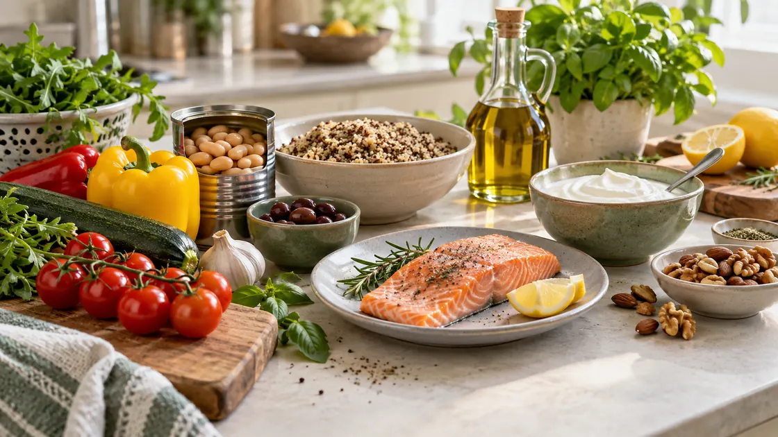 Ernährung bei Depression – Gemüse, Hülsenfrüchte, Vollkorn, Nüsse, Joghurt und Fisch im mediterranen Muster.