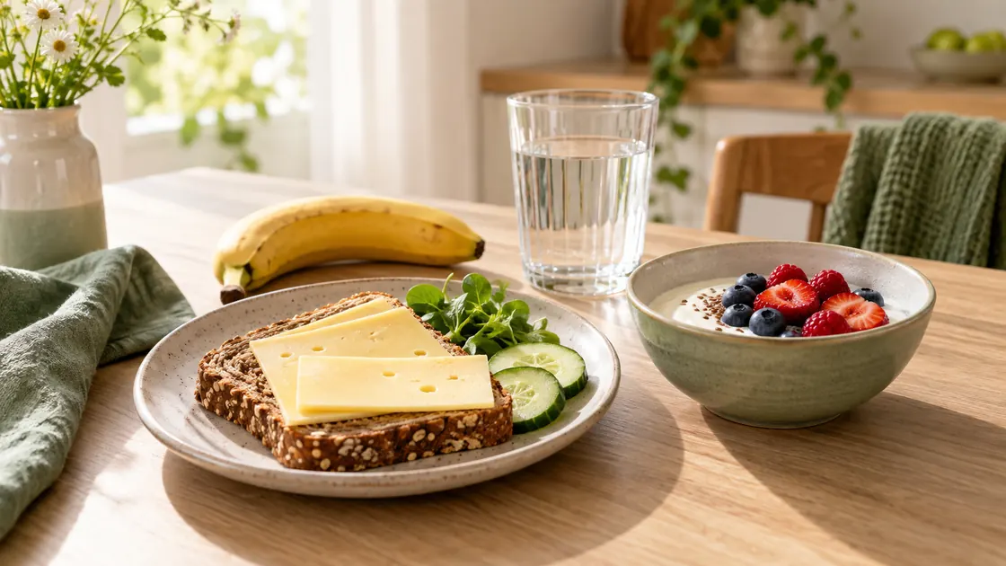 Ernährung bei Depression – Brot, Käse, Joghurt, Obst und Wasser als einfache Mahlzeit für schwere Tage.