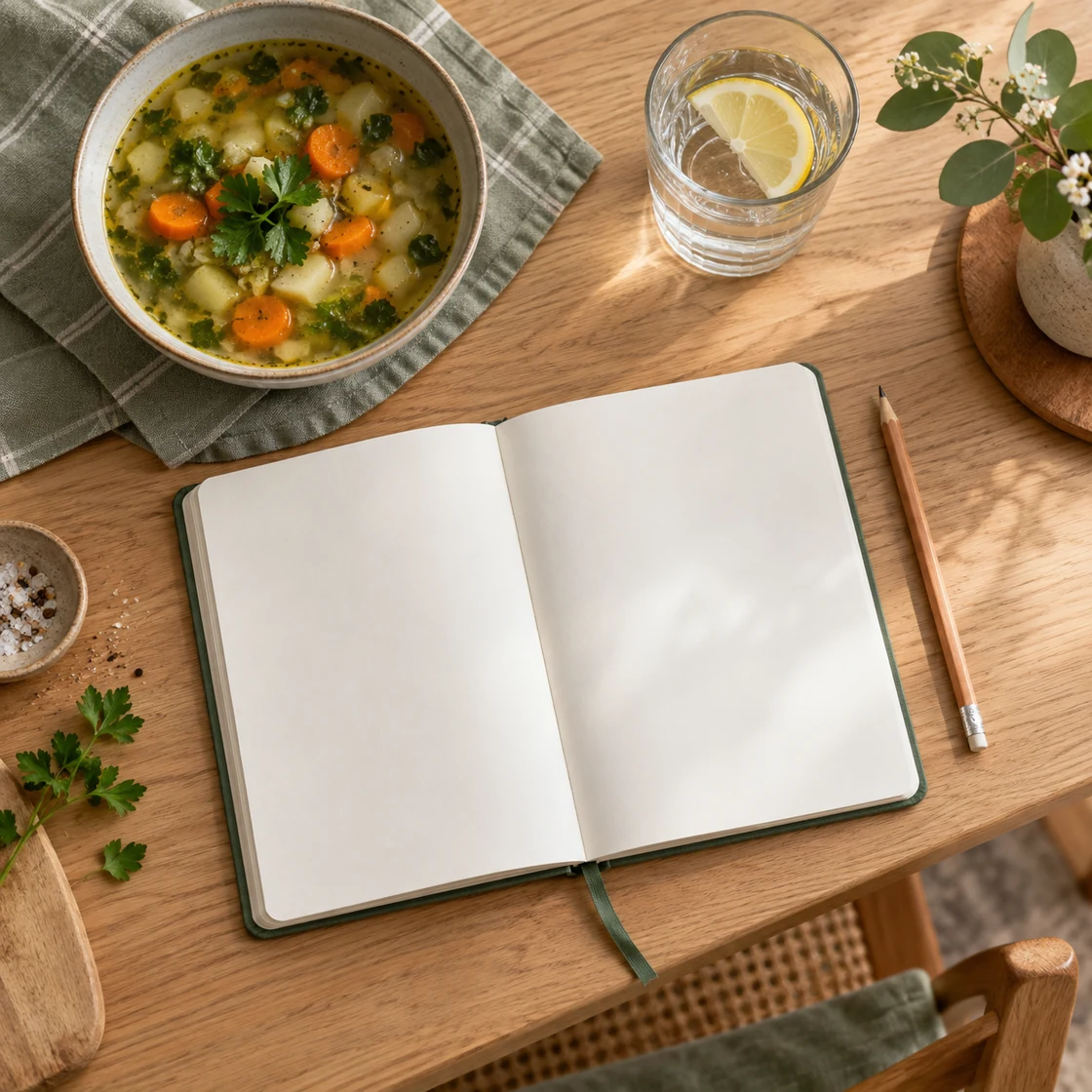 ernährung bei divertikulitis – leeres Notizbuch neben Suppe und Wasser