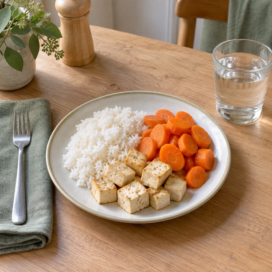 ernährung bei divertikulitis – Reis, gegarte Möhren und Tofu auf einem Teller
