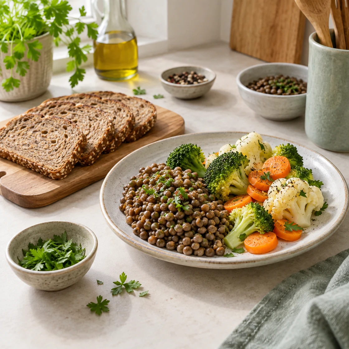 ernährung bei divertikulitis – Vollkornbrot, Linsen und gegartes Gemüse für die Zeit nach der Erholung