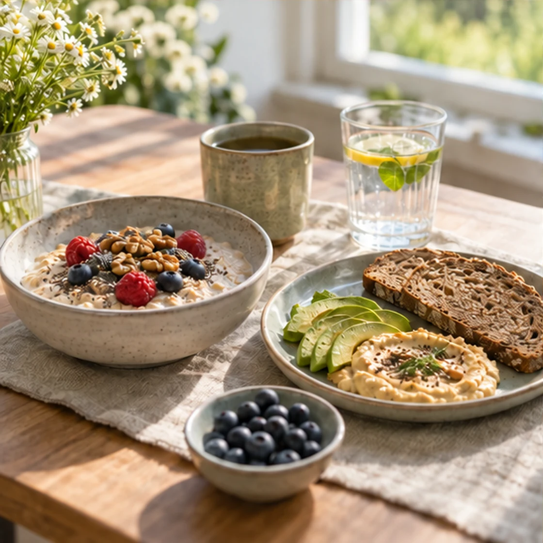Ernährung bei Lipödem – Frühstück mit Hafer, Beeren, Vollkornbrot und Hummus