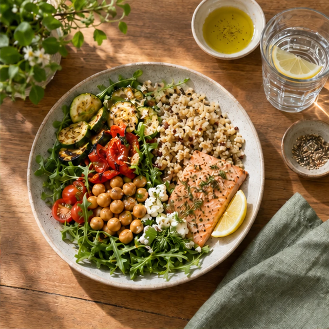 Ernährung bei Lipödem – mediterraner Teller mit Gemüse, Kichererbsen, Vollkorn und Fisch