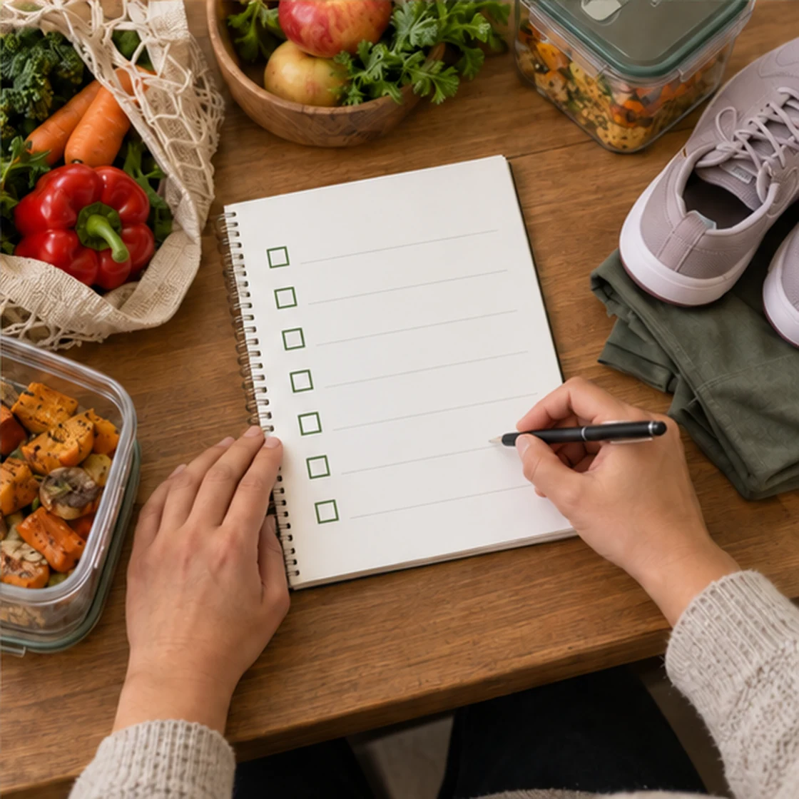 Ernährung bei Lipödem – Wochenplanung mit Gemüse, vorbereiteter Mahlzeit und Bewegung
