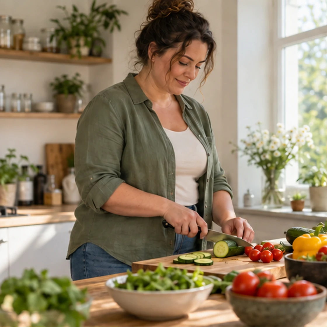 Ernährung bei Lipödem – ausgewogene Mahlzeit in einer hellen Küche vorbereiten
