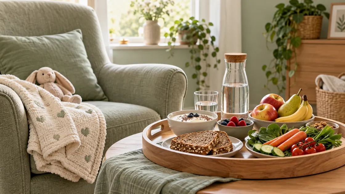Ernährung in der Stillzeit – alltagstaugliche Lebensmittel und Wasser am ruhigen Stillplatz.