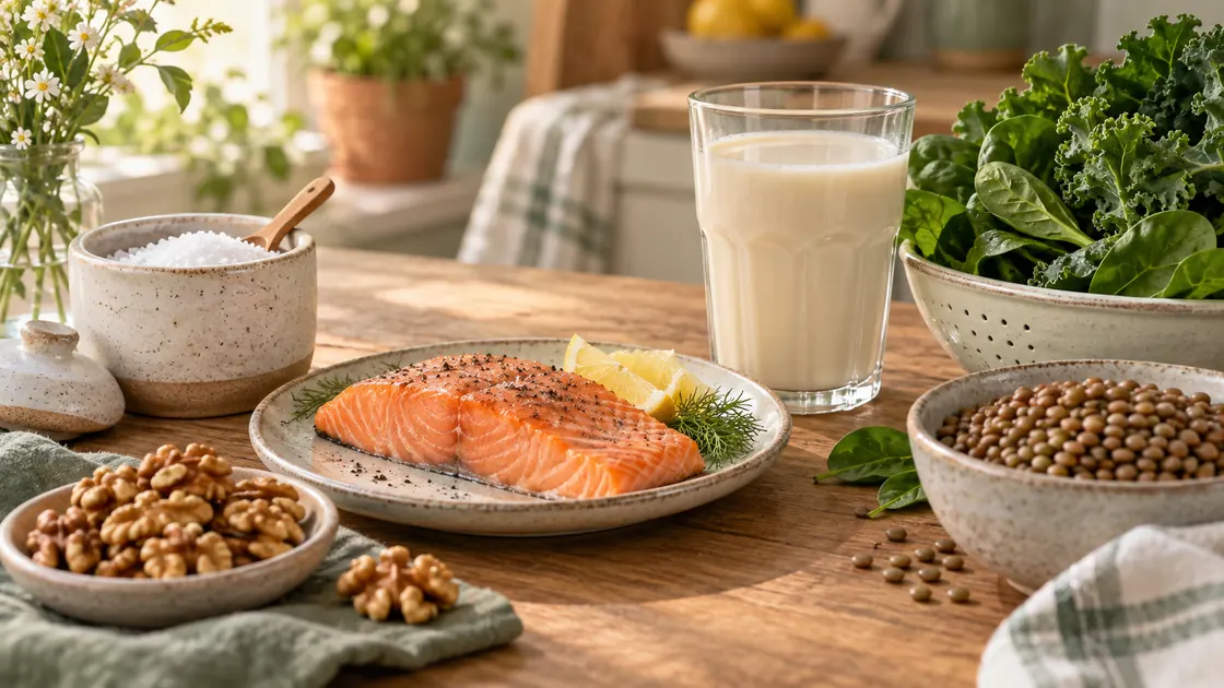 Ernährung in der Stillzeit – Lachs, Jodsalz, Hülsenfrüchte und grüne Gemüse als Nährstoffquellen.
