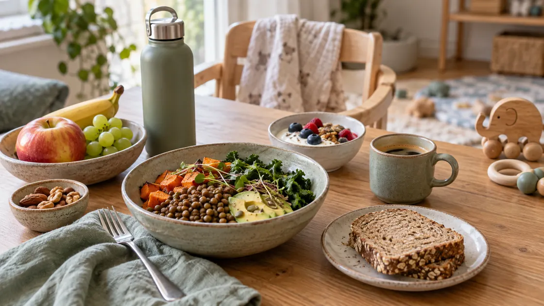 Ernährung in der Stillzeit – vorbereitete Mahlzeit, Obst, Wasser und Kaffee für einen vollen Tag.